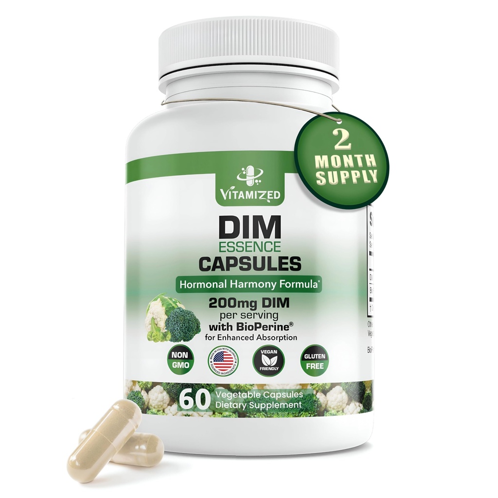 Dim supplément estrogène pour l'harmonie hormonale et la santé de la peau, 2 mois d'approvisionnement - 200 mg de diindolylméthane pour l'équilibre métabolique, la ménopause, le soutien de l'humeur w Biopérine pour une absorption plus élevée