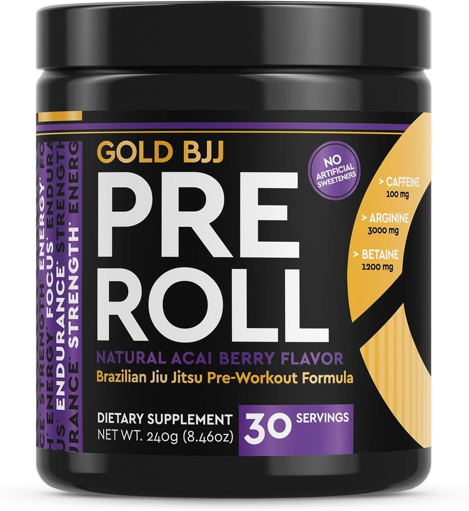 Gold BJJ PreRoll - Jiu Jitsu Pre Workout Supplément pour l'énergie, le focus et l'endurance - Martial Arts Powder Formula spécifique avec des saveurs naturelles (Acai Berry, 30 portions)