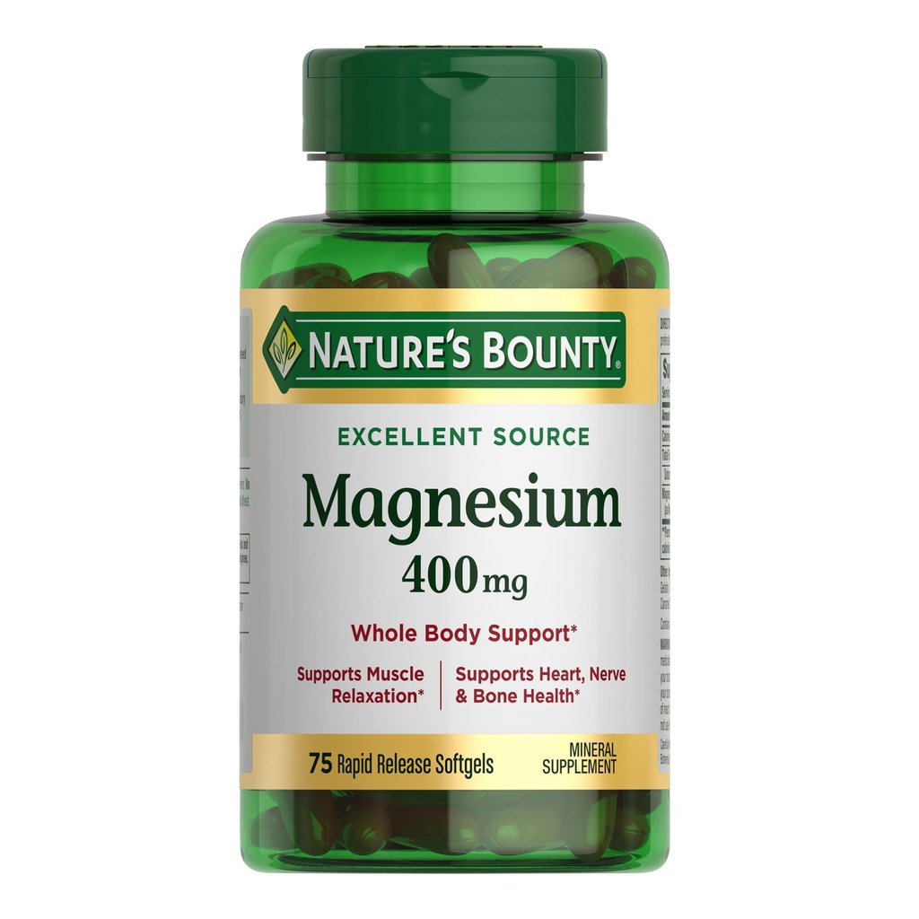 Nature's Bounty Magnésium 400 mg Softgel, Soutien du corps entier, Suppléments de magnésium pour les hommes et les femmes, Heart, Nerve & Bone Health, 75 Softgels (paquet de 1)