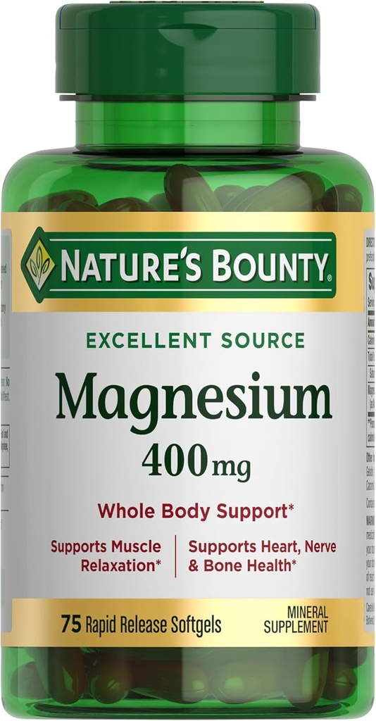 Nature's Bounty Magnésium 400 mg Softgel, Soutien du corps entier, Suppléments de magnésium pour les hommes et les femmes, Heart, Nerve & Bone Health, 75 Softgels (paquet de 1)