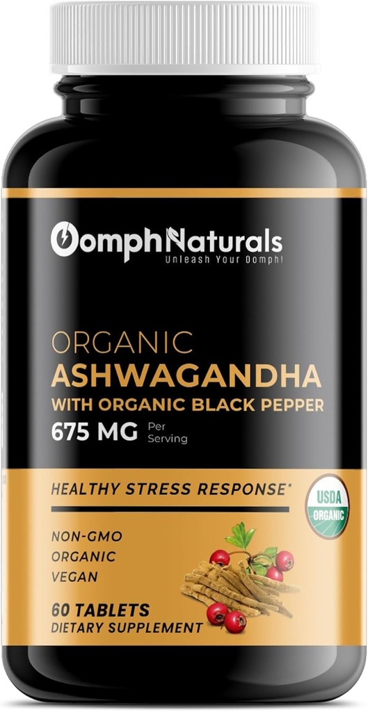 Organic Ashwagandha 675 mg, 60 Vegan Capsules Pure Organic Ashwagandha Powder and Root Extract