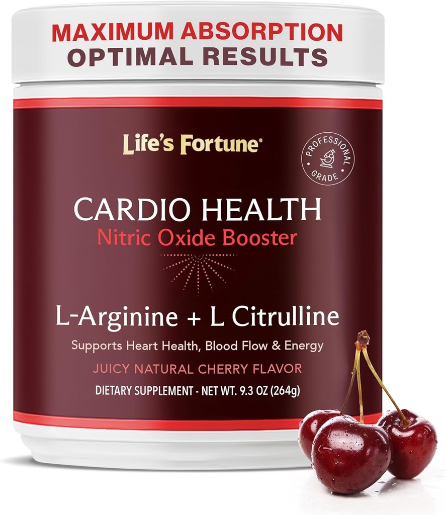 Life's Fortune 5000mg L- Supplément Arginine Poudre et 1000mg L-Citrulline, High Potency Nitric Oxide Health Booster, Endurance, Performance d'entraînement, Saveur de cerise naturelle (20 portions)