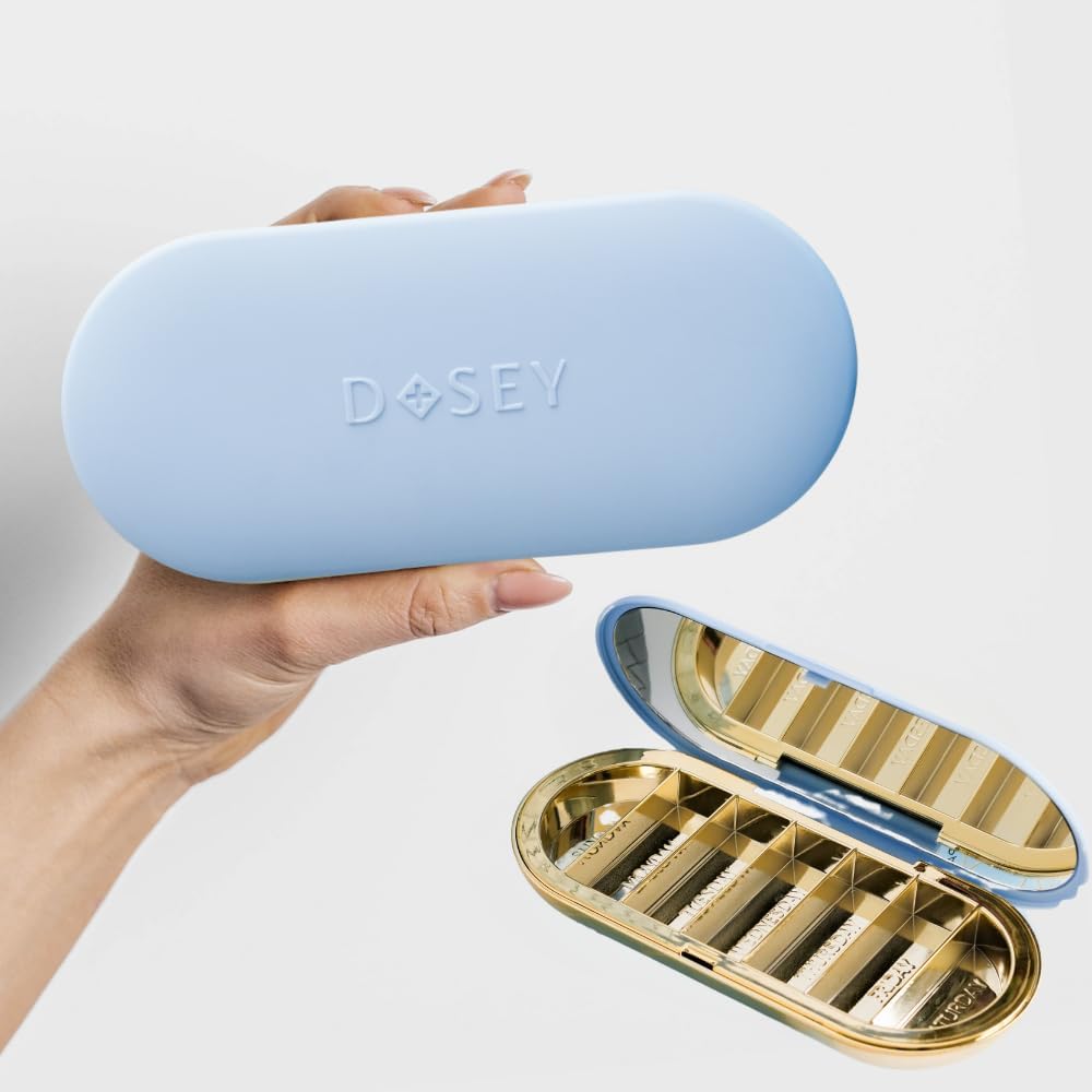 Dosey 7 jours Pill Compact Travel Pill Organizer - Cas de pilule avec 7 compartiments de pilules pour le stockage et la protection de la médecine – Élégant et élégant organisateur de médicaments avec miroir (bleu)