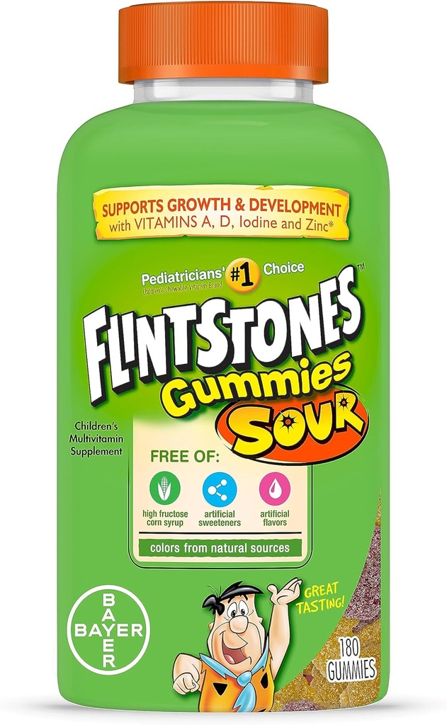 Flintstones Sour Gummy Vitamins For Kids, Kids Multivitamin Gummies with Vitamins C, B6, B12, A & Vitamin D, Support Kids Growth and Development, 180 Count