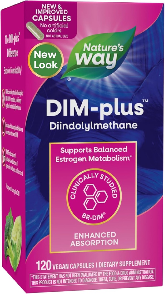 Nature's Way DIM-Plus, Supplément DIM, soutient le métabolisme équilibré des œstrogènes*, soutient l'équilibre hormonal des œstrogènes*, le diindolylméthane, 120 capsules véganes
