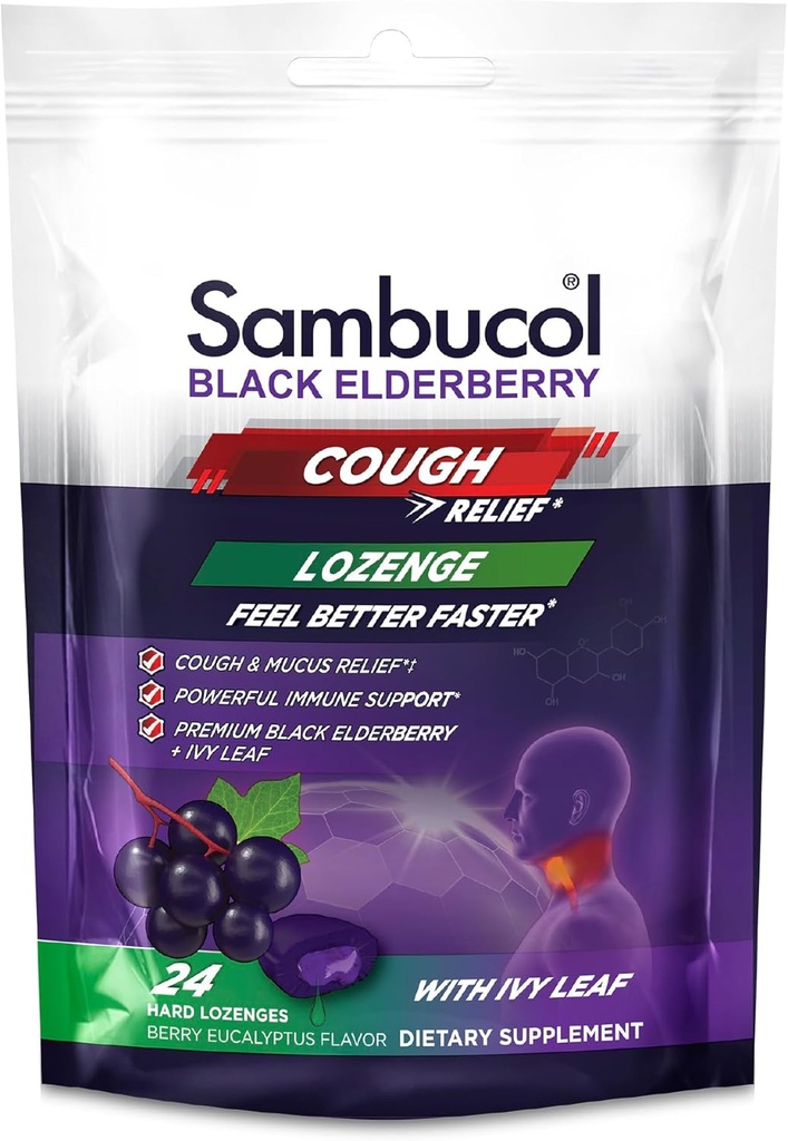 Sambucol Black Elderberry Cough Relief Lozenges - Gouttes de toux pour adultes, Sambucus Elderberry Lozenges, avec Ivy Leaf, Cough & Mucus Relief, Immune Support, Berry Eucalyptus - 24 Comte, 1 Pack