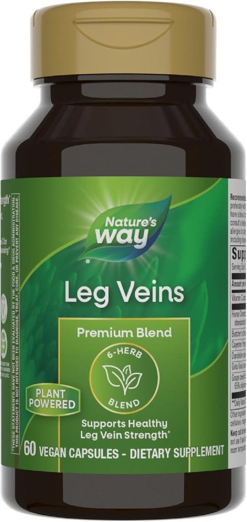 Nature's Way Leg Veins, soutient la force saine de la veine des jambes*, mélange de 6 herbes, extrait de châtaigne de cheval et supplément de dandelion, sans gluten, 60 capsules végétaliennes (paquetage mai Vary)