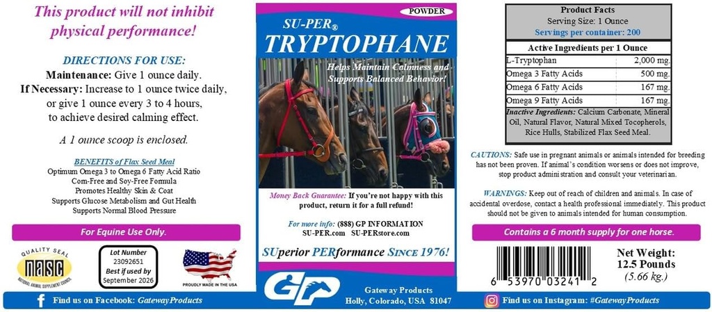 SUPER Tryptophane Horse Calmant Supplément - Maintenir le calme et soutenir le comportement équilibré - 12,5 livres, 6 mois d'approvisionnement
