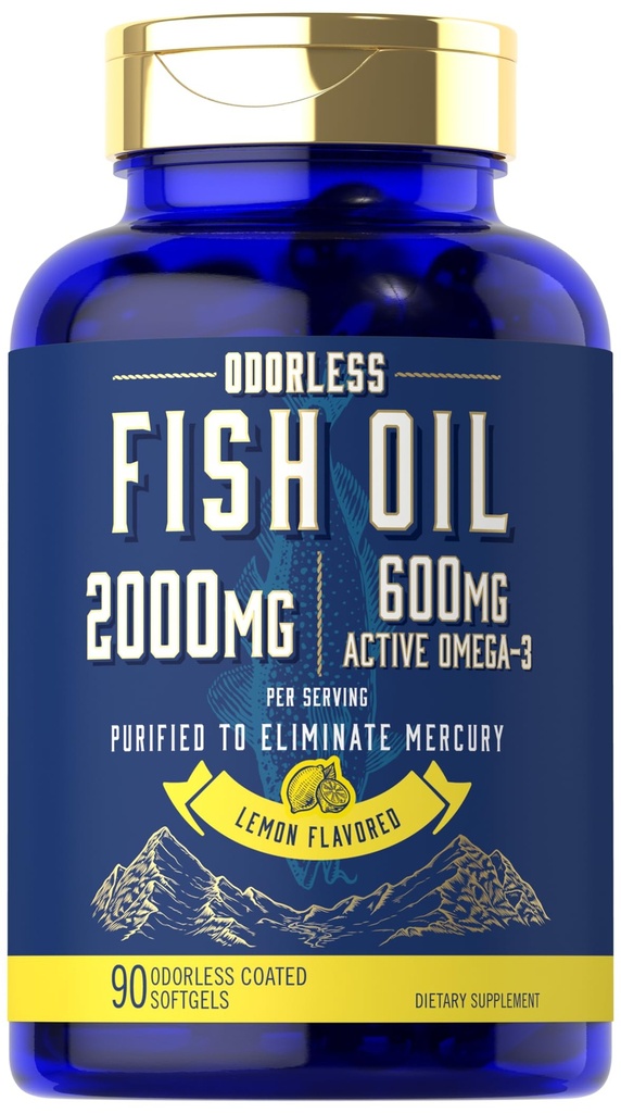 Huile de poisson de Carlyle 2000mg.600mg Omega 3 Supplément pour les hommes et les femmes 90 Softgels odorless.