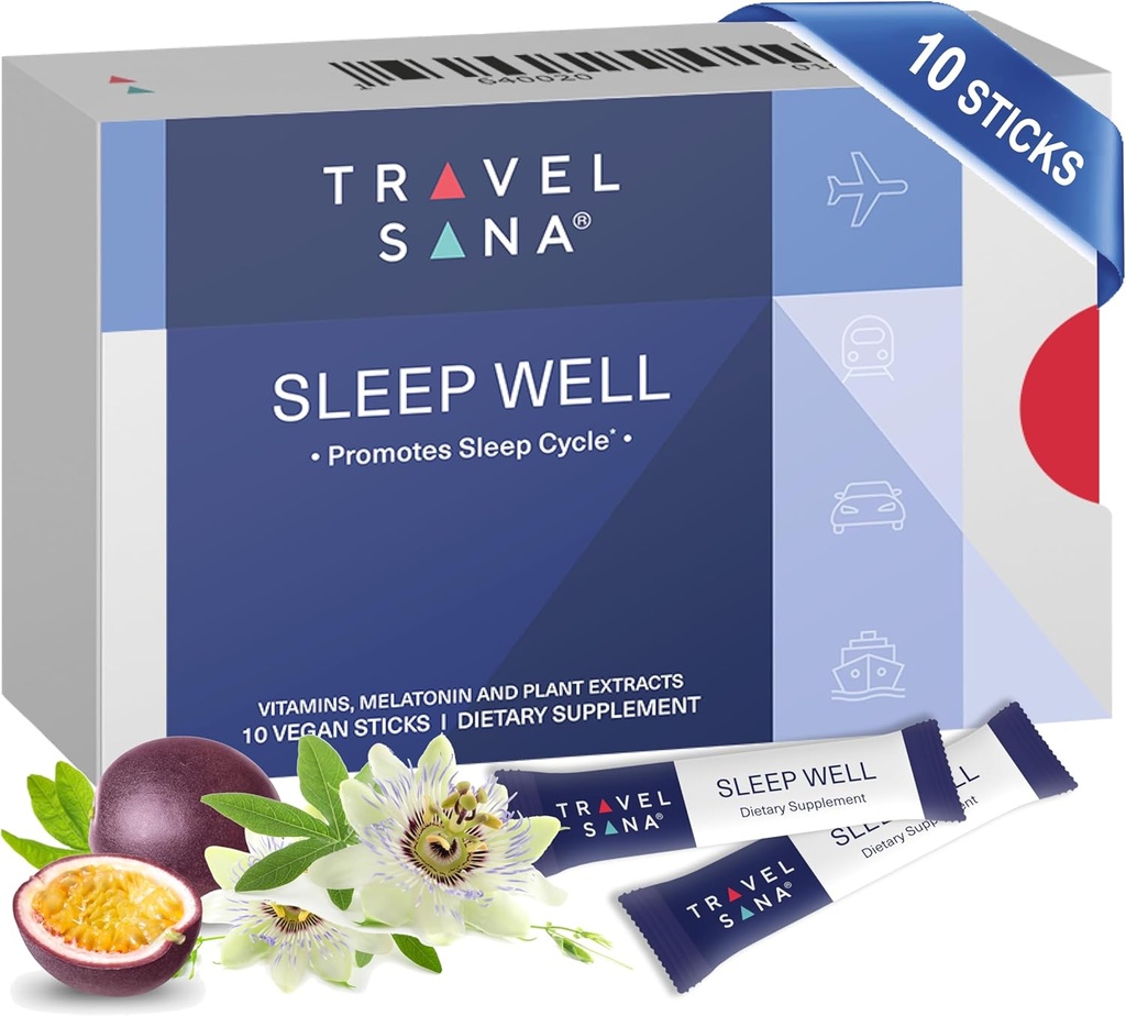 Sleep Well Supporte Jet Lag Relief pour les voyageurs.Mélatonine 1 mg, Extrait de fleurs de passion et vitamines.
