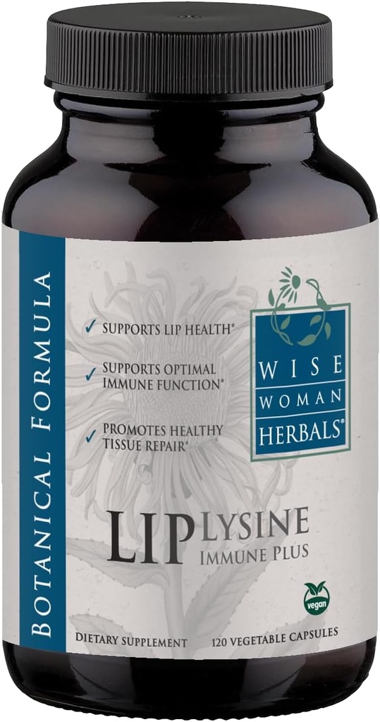 Wise Woman Herbals Lysine Immune Plus Lip, formule non-OGM sans additifs, L-Lysine et Immunity Blend haute puissance, Lip & Skin Health Support, Protection naturelle contre les Immunes, 120 Veg Caps