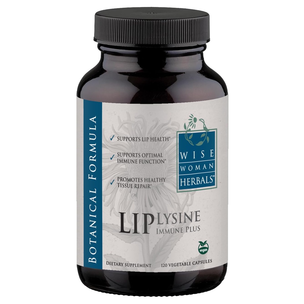 Wise Woman Herbals Lysine Immune Plus Lip, formule non-OGM sans additifs, L-Lysine et Immunity Blend haute puissance, Lip & Skin Health Support, Protection naturelle contre les Immunes, 120 Veg Caps