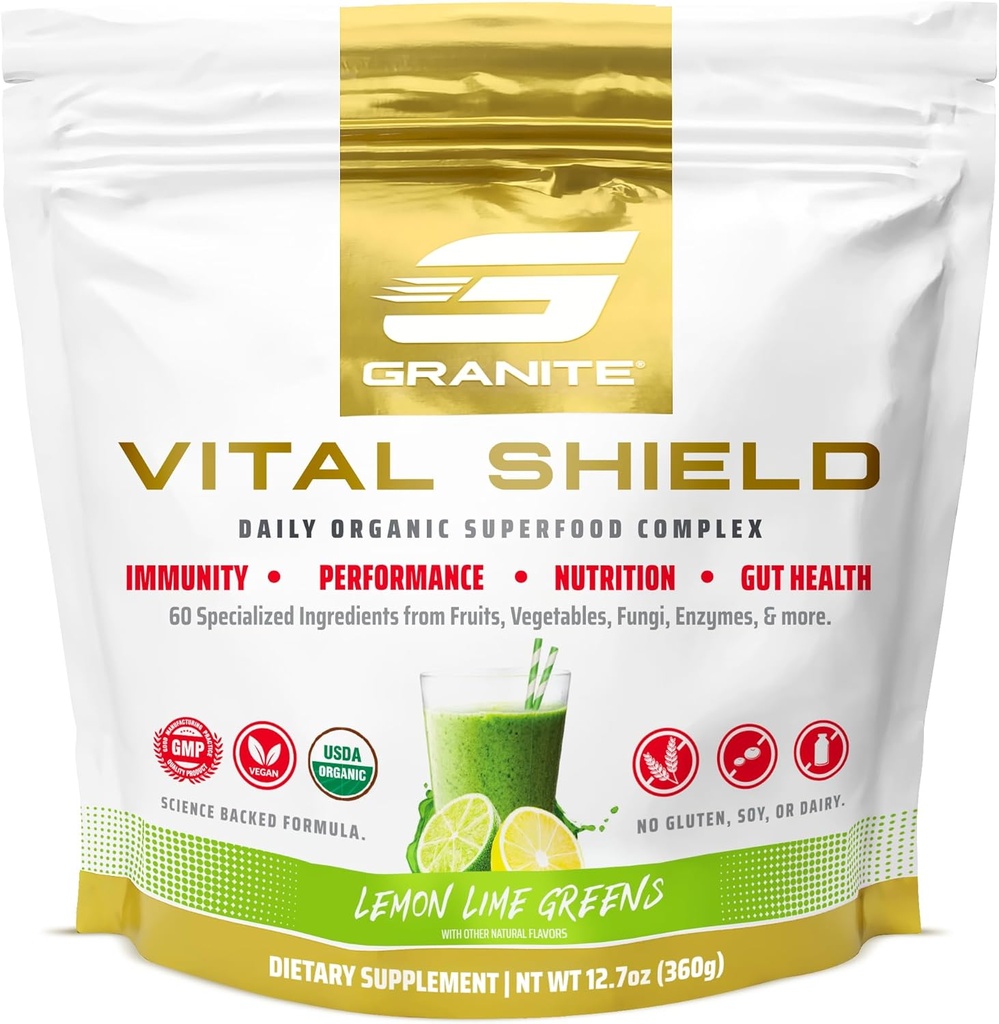 Granite Nutrition Vital Shield - USDA Bio Superfood Greens avec Champignons & Tart Cherry – soutient l'énergie, la fonction immunitaire et la santé digestive – citron Lime Saveur (30 portions)