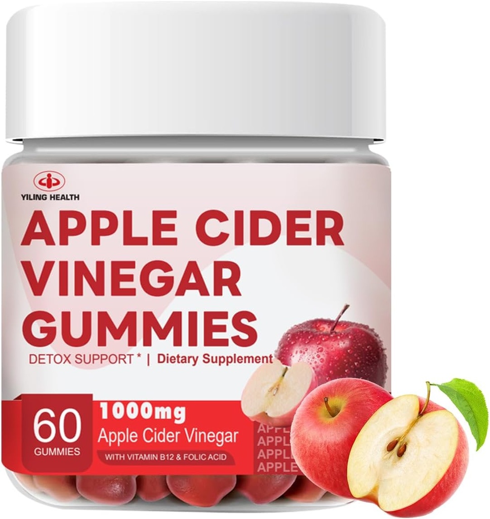 YiLing Améliored Sour-Sweet Goût Gommies de vinaigre de cidre de pomme - 1000mg -Formulé pour soutenir la santé immune Niveaux d'énergie normaux et la santé de la gueule- Gommies d'arôme de pomme Enrichies B12 / B6 / Beetroot