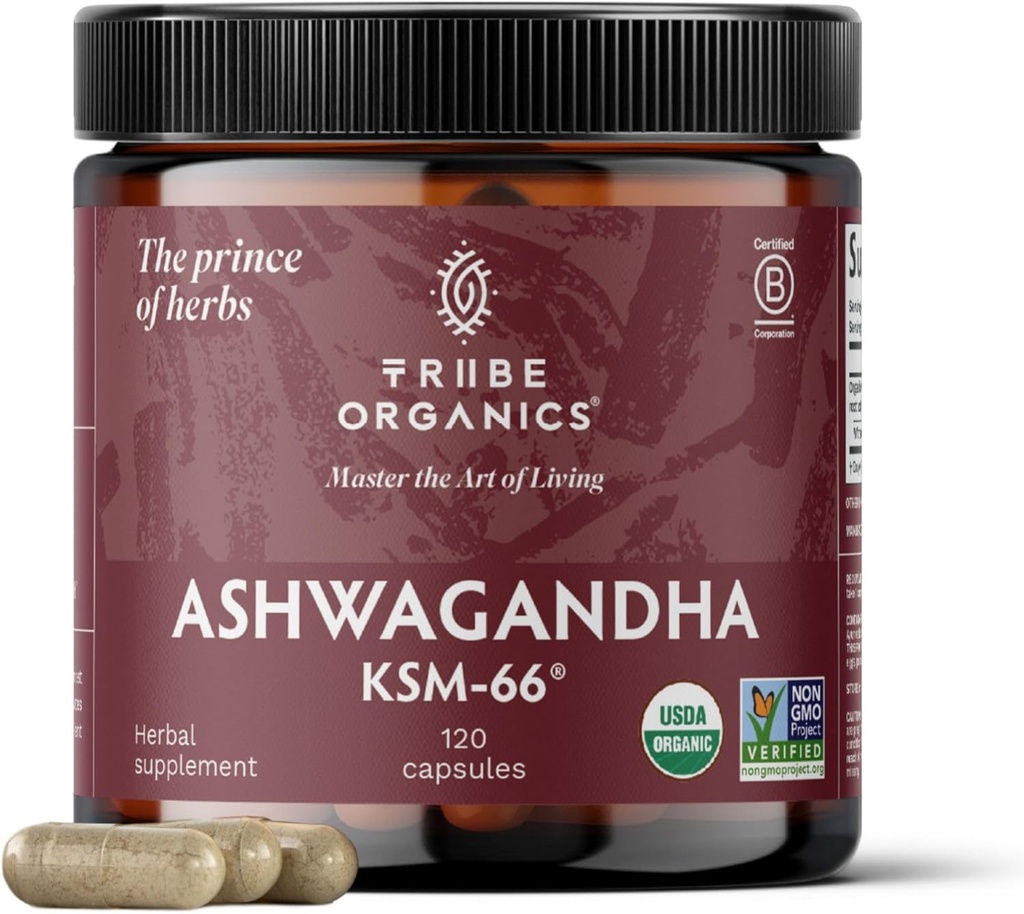 TRIBE Organics Ashwagandha KSM 66 Extrait de poudre de racine biologique pure Supplément ayurvédique - Focus, Mood Support, Augmenter l'énergie, la force, 600mg de KSM66 naturel pour l'absorption supérieure - 120 Capsules