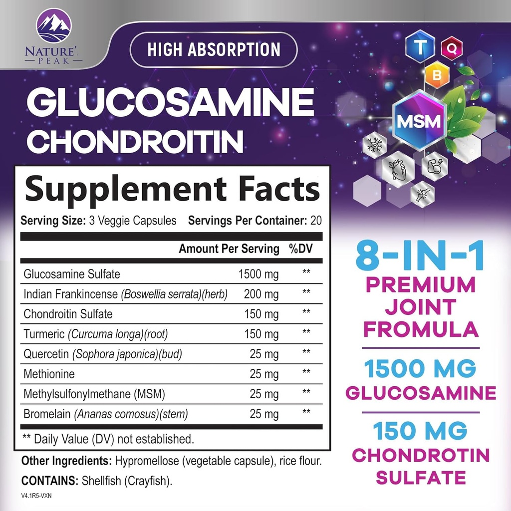 Glucosamine Chondroïtine MSM Supplément articulaire 2100mg - avec le sulfate de glucosamine, Turmeric, Boswellia, Quercetin et Bromelain – Flexibilité extra-fort de la nature, mobilité et soutien articulaire, 60 Capsules