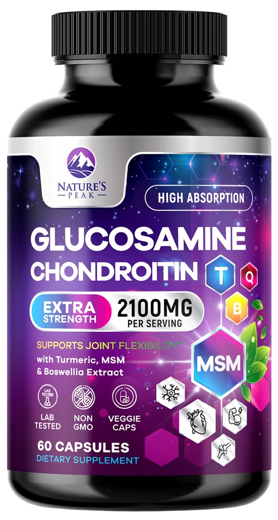 Glucosamine Chondroïtine MSM Supplément articulaire 2100mg - avec le sulfate de glucosamine, Turmeric, Boswellia, Quercetin et Bromelain – Flexibilité extra-fort de la nature, mobilité et soutien articulaire, 60 Capsules