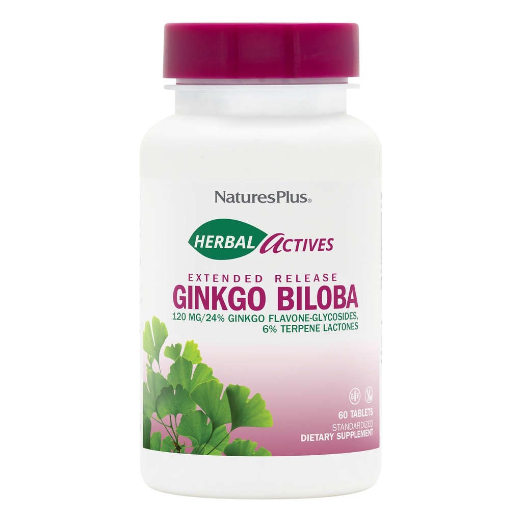 Natures Plus Herbal Actives Ginkgo Biloba, libération prolongée - 120 mg, 60 comprimés végétaliens - Végétarien, sans gluten - 60 portions