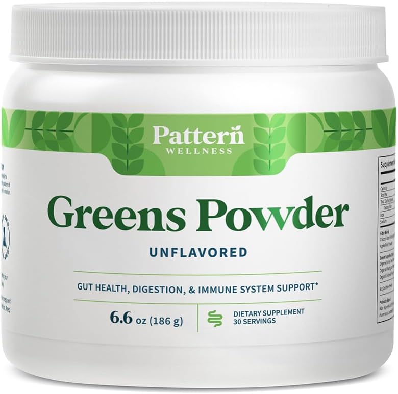 Pattern Wellness Greens Powder Superfood – avec antioxydant, enzyme digestive, fibre, probiotique et mélanges adaptogènes – soutient la santé Gut, digestif et immunitaire – 30 portions - 6,6 oz (non aromatisé)