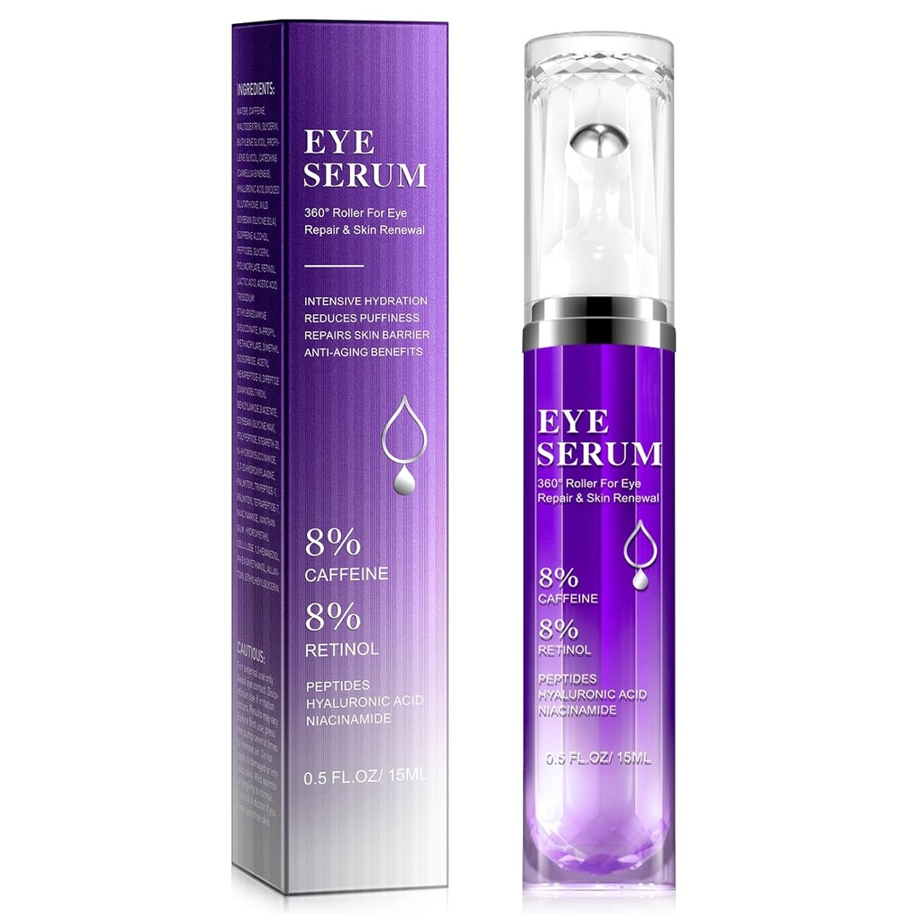 Sous le sérum à rouleaux oculaires - 8 % de caféine et 8 % de crème pour les yeux rétinol pour les cercles foncés, les poches et les puffines, les sacs puffy rides fines lignes, crème de massage à 360°, sérum d'acide hyaluronique pour les hommes et les femmes