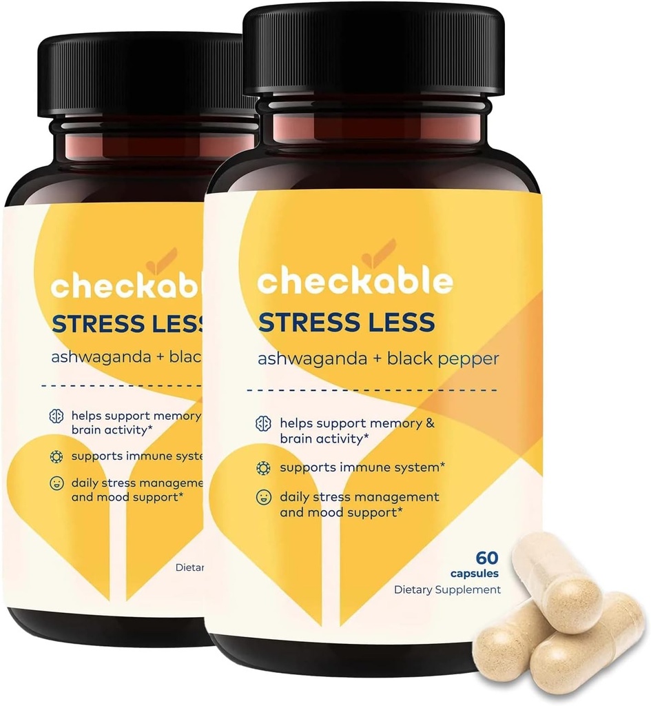 Suppléments Checkable® Ashwagandha - contribue naturellement à l'amélioration de l'humeur, de la santé immunitaire, de la mémoire et du focus - 1310 mg d'ashwagandha biologique et de poivre noir - 120 capsules