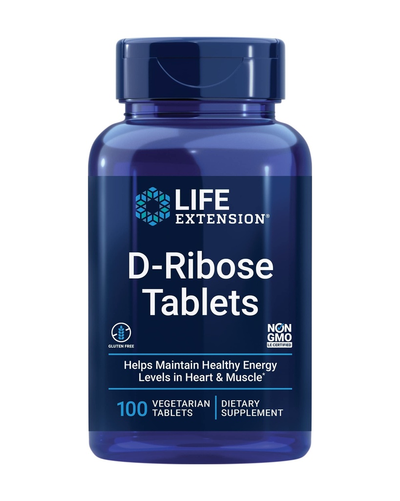 Prolongation de vie Comprimés D-Ribose, Plus Calcium, aide à maintenir des niveaux d'énergie sains dans le cœur et les muscles, encourage la production d'ATP, sans gluten, non-OGM, végétalien, 100 comprimés végétariens