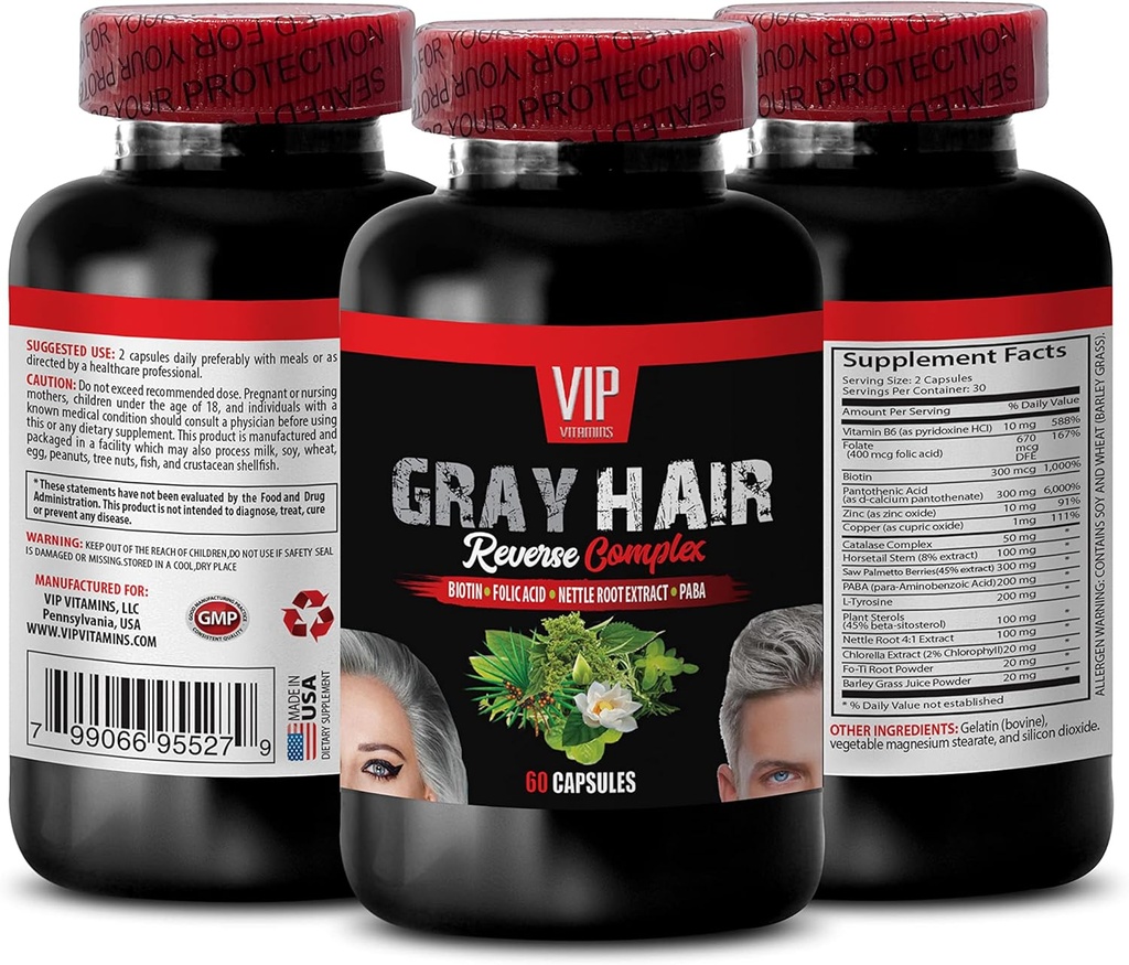 VIP VITAMINS Supplément Cheveux - Complexe Cheveux Gris Inverser, Biotine, acide folique, Nettle Root - Extrait de Palmetto Saw, 1 bouteille (60 capsules)