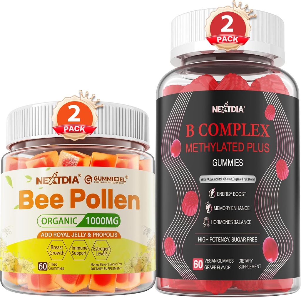 Pollen d'abeilles pour la croissance mammaire biologique 1000mg + Végétalien Super Méthylé B complexe Gommies de vitamine pour les femmes