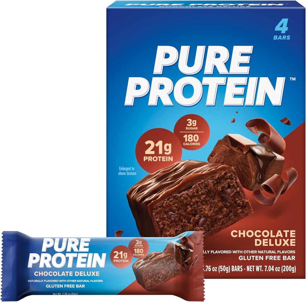Barres de protéines pures, haute protéine, collations nutritives pour soutenir l'énergie, faible sucre, sans gluten, chocolat Deluxe, 1,76 oz, paquet de 4