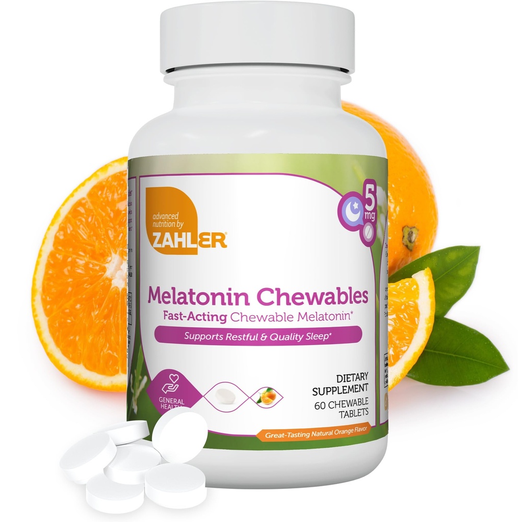 Zahler Melatonin 5mg Comprimés - Mélatonine à croquer à action rapide 5 mg Comprimés - Delicious Orange Flavor - Soutient le repos et la qualité du sommeil - Kosher Non OGM Fabriqué aux États-Unis Complément alimentaire, 60 Compte
