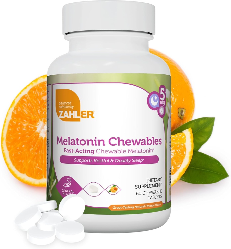 Zahler Melatonin 5mg Comprimés - Mélatonine à croquer à action rapide 5 mg Comprimés - Delicious Orange Flavor - Soutient le repos et la qualité du sommeil - Kosher Non OGM Fabriqué aux États-Unis Complément alimentaire, 60 Compte