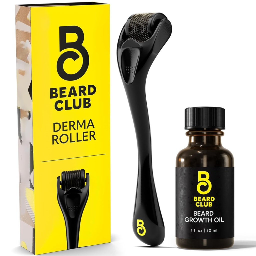 The Beard Club Derma Roller & Beard Growth Oil pour le visage, le corps et le scalp Microneedling Roller pour les hommes et les femmes avec 540 microneedles de titane - Beard Roller pour les cheveux et les barbes