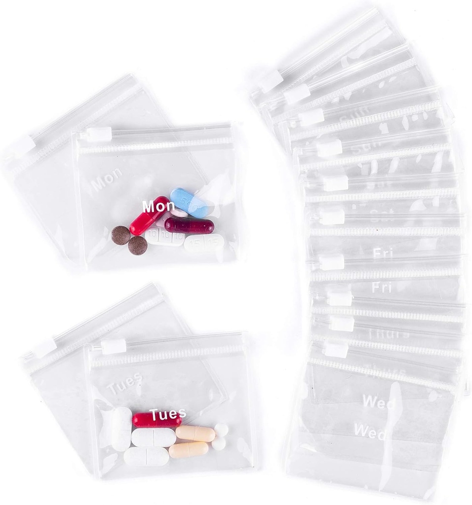 Reusable Pill Pouches for Medicine with Slide Lock | (14 Count) 3" Wide by 2.75" Tall Labelled Monday-Sunday Pill Bags | EVA Grade Plastic for Pills and Vitamins