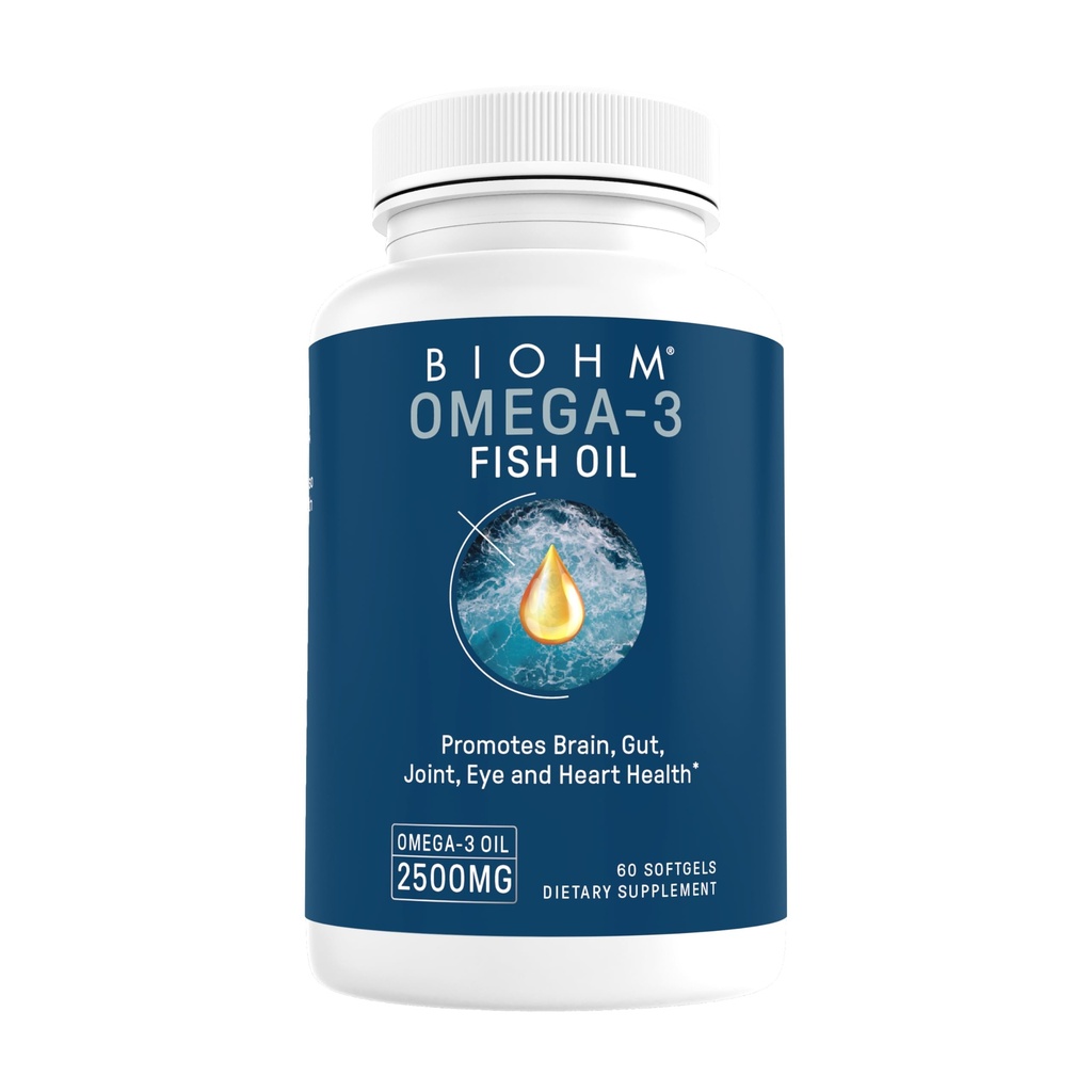 BIOHM Omega-3 Huile de poisson (2500mg, 60 Softgels) Haute puissance 860mg EPA et 630mg DHA, Omega 3 suppléments acides gras pour soutenir le cerveau, l'articulation, les yeux, le foie et la santé de la gueule, source durable
