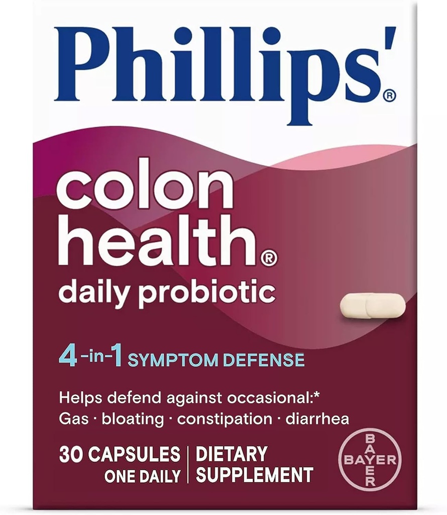 Phillips' Colon Health Daily Probiotic Capsules, 4-en-1 Symptom Defense pour aider à se défendre contre le gaz occasionnel, le gonflement, la constipation et la diarrhée, Supplément quotidien, 30 comtes