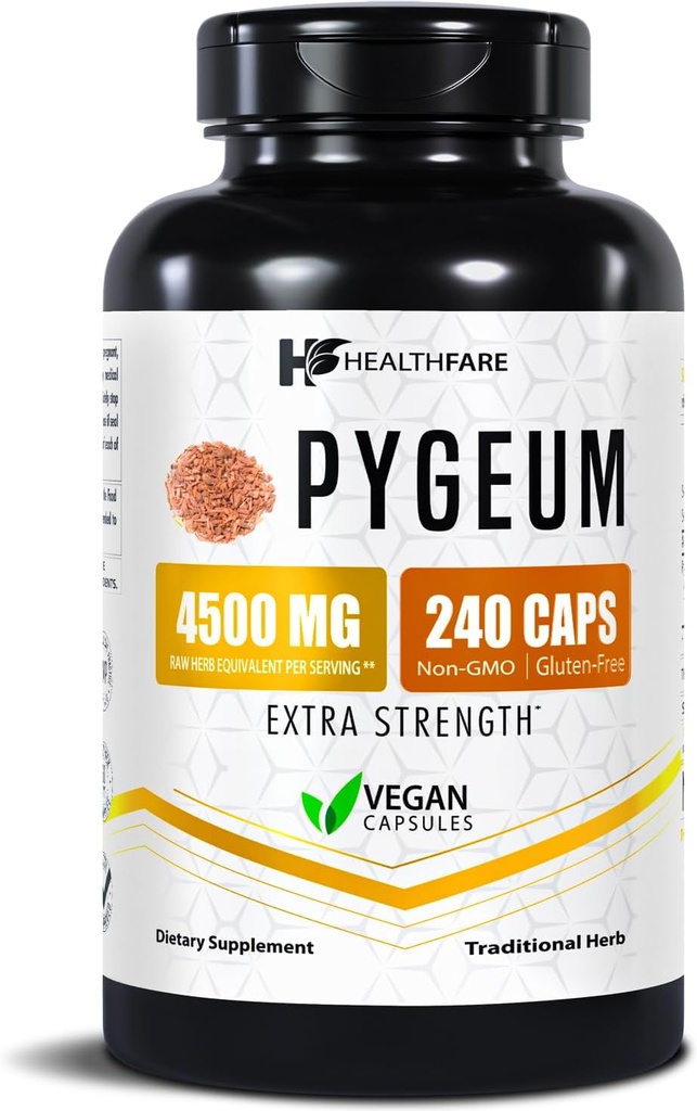 Healthfare Pygeum Supplement, 4500mg, 240 Capsules végétaliennes Extrait d'écorce ultra standardisé Supplément à base de plantes non-OGM et sans gluten