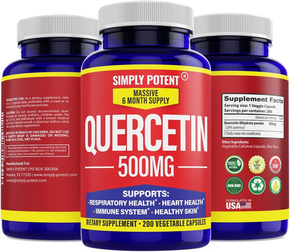 Simply Potent Quercetin Suppléments, Quercetin 500mg 200 Capsules, 2 X Quercetin 250mg Phytosome Bioflavonoïde Antioxydant Vegan pilules sans gluten pour soutenir le coeur cellulaire sain et fonctions immunitaires