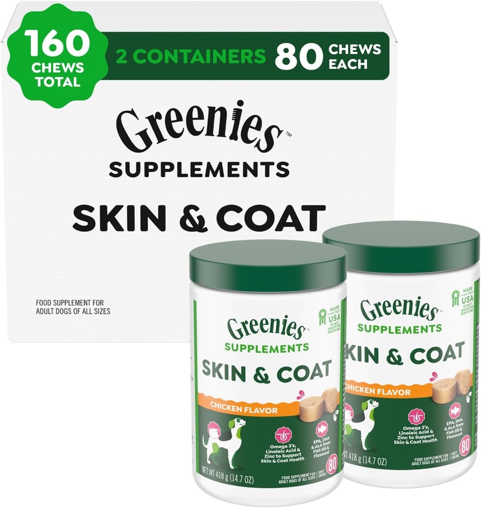 Greenies Suppléments Peau de chien et Suppléments enrobés d'huile de poisson et d'acides gras Oméga 3, d'arôme de poulet, d'un tube de 80 tasses, pack de 2