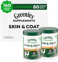 Greenies Suppléments Peau de chien et Suppléments enrobés d'huile de poisson et d'acides gras Oméga 3, d'arôme de poulet, d'un tube de 80 tasses, pack de 2