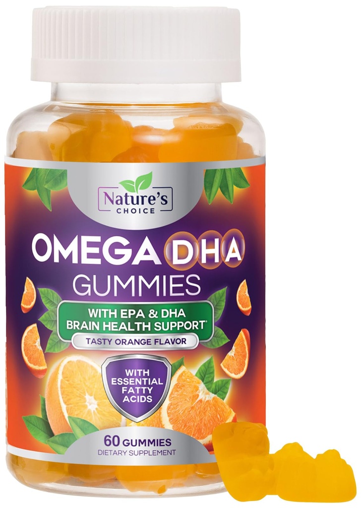 Omega 3 Gommies d'huile de poisson - Triple force Omega3 Gommy - DHA & EPA Acides gras pour la santé cardiaque, le soutien des articulations et du cerveau, supplément d'huile de poisson Omega à haute absorption de la nature, saveur orange- 60 Gommies