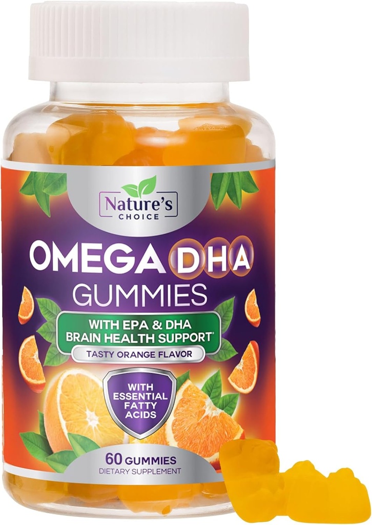 Omega 3 Gommies d'huile de poisson - Triple force Omega3 Gommy - DHA & EPA Acides gras pour la santé cardiaque, le soutien des articulations et du cerveau, supplément d'huile de poisson Omega à haute absorption de la nature, saveur orange- 60 Gommies