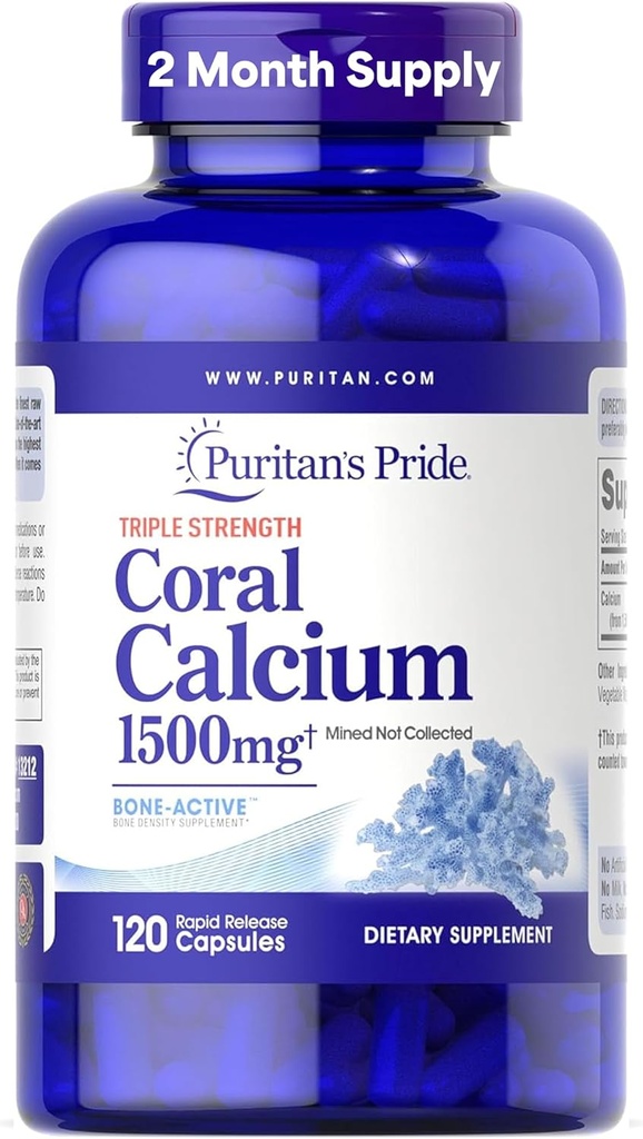 Puritan's Pride Triple Strength Coral Calcium 1500mg avec Bone-ActiveTM, Supplément diététique pour le cœur, le nerf et le soutien musculaire, 2 mois d'approvisionnement, 120 capsules à libération rapide