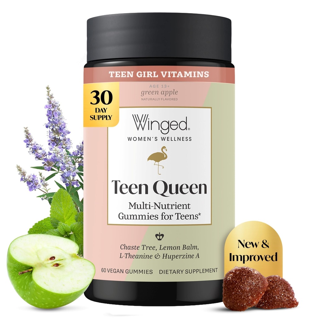 Bien-être ailé Multivitamine Gommies pour les adolescentes - Vitamines pour l'humeur et la santé hormonale - Supplément Gommy végétalien avec arbre chaste, baume citronné, L-Theanine, probiotiques et biotine - 50 Gommies