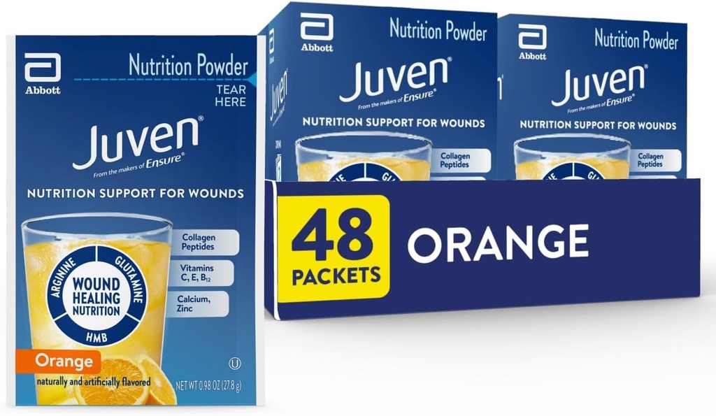 Juven Therapeutic Nutrition Drink Poudre comprenant des peptides de collagène, des acides aminés et du HMB pour le soutien à la guérison des plaies, orange, 48 paquets