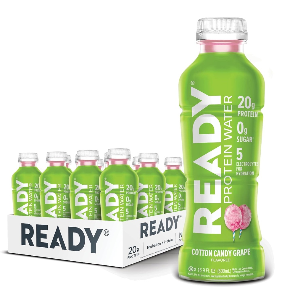 Ready® Protein Water – 20g Whey Protein Isolate, Zéro Sucre, Boissons sportives à faible teneur en calories pour l'hydratation et la récupération – Electrolytes, acides aminés essentiels – Cotton Candy Grape, 16,9 fl oz Bouteilles (12-Pack)