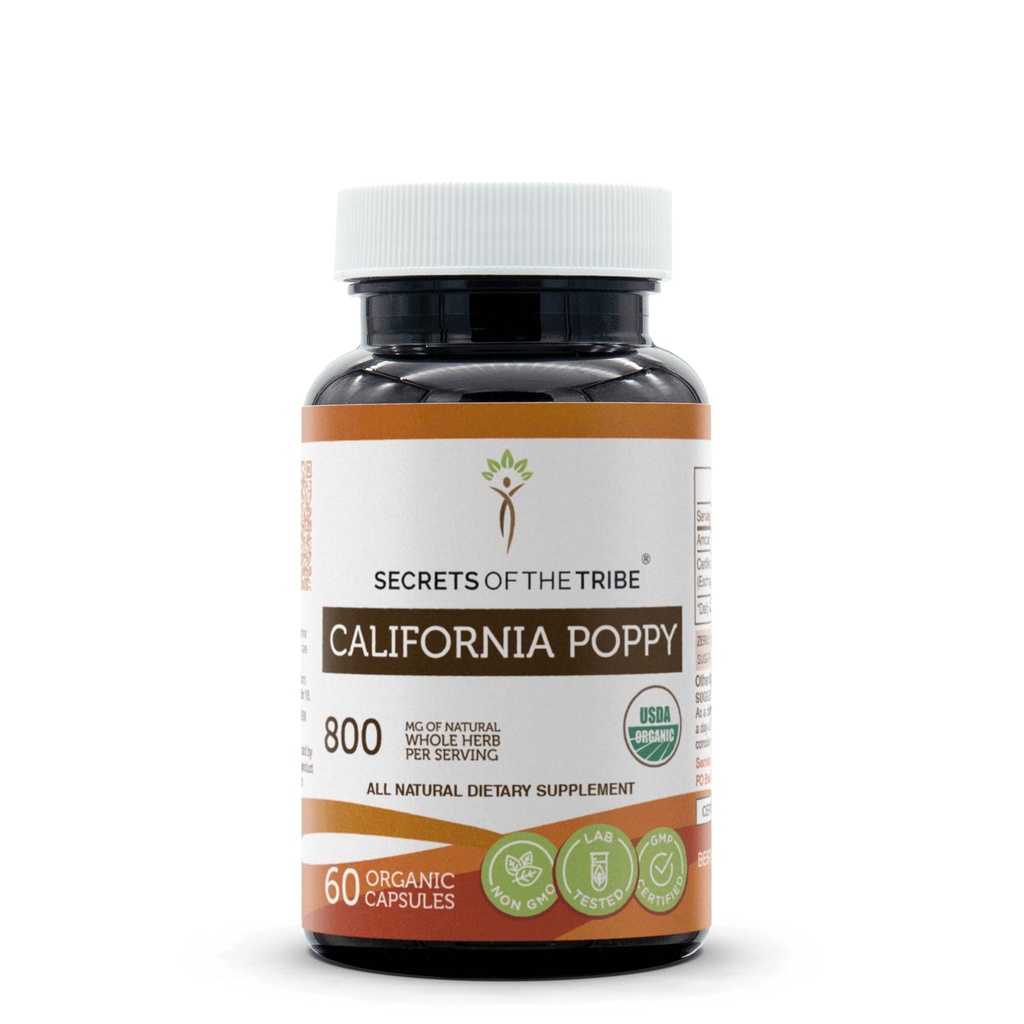 Secrets of the Tribe California Poppy USDA Organic 60 Capsules.Fabriqués avec des capsules végétariennes et certifié biologique California Poppy (Eschscholzia Californica) Herbe séchée et fleur (60 Capsules)
