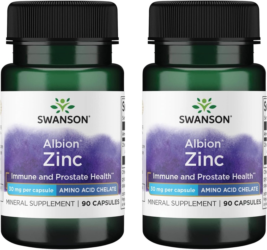 Swanson Albion Chelated Zinc Glycinate 30 Milligrams 90 Capsules (2 Pack)