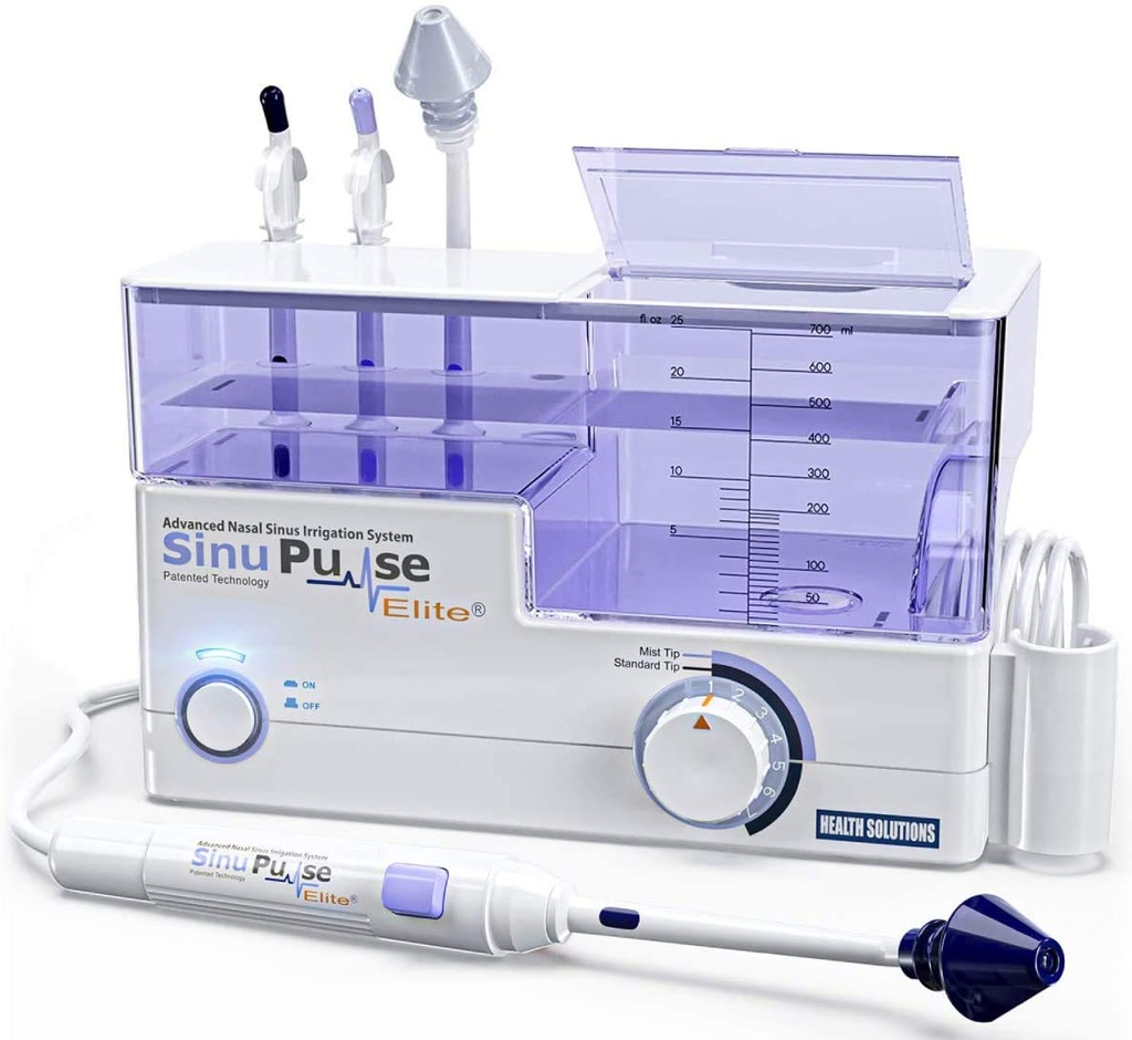 SinuPulse Elite Système avancé d'irrigation nasale avec 30 paquets de Saline SinuAir, Relief de congestion nasale pulsant et machine à rincer le sinus, plus efficace que le pot de Neti ou le spray de nez