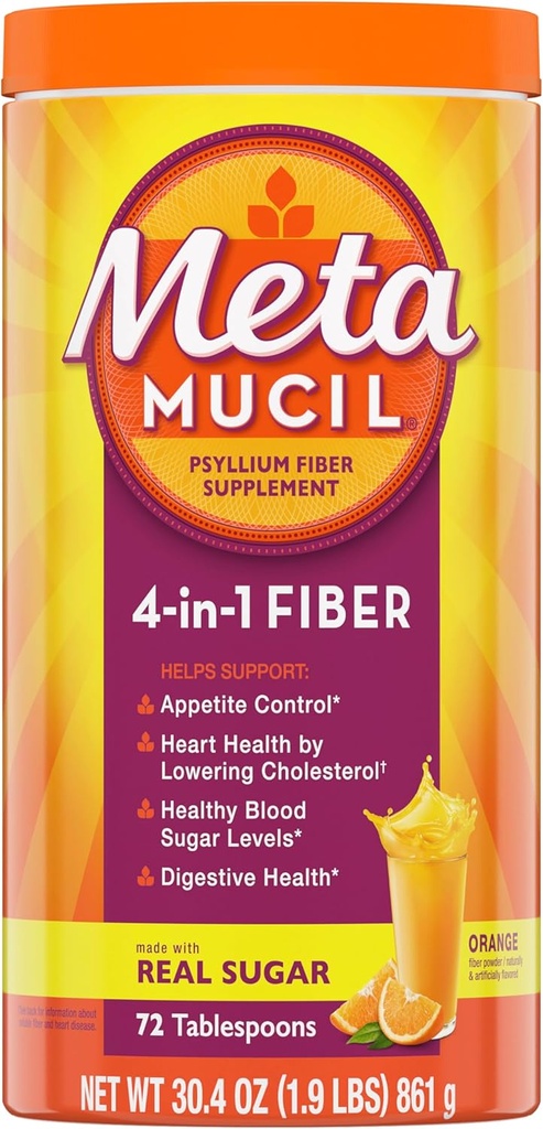 Métamucil 4-en-1 Psyllium Husk Fibre Supplément, Sucre réel, 72 cuillères à soupe, Aromatisé orange, Poudre de fibre quotidienne pour la santé digestive, fait avec Psyllium Husk Fibre