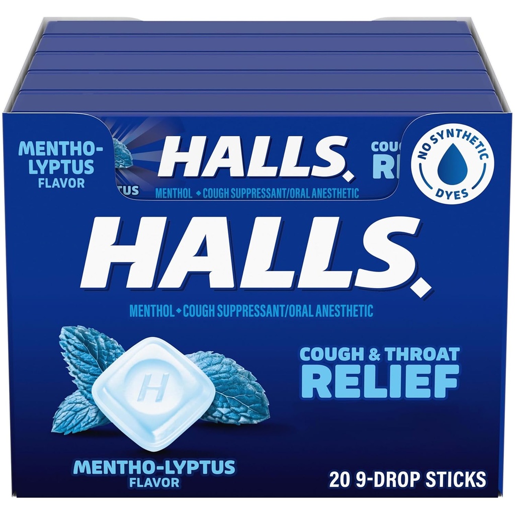 HALLS Cough and Throat Relief Mentho-Lyptus Cough Drops, 20 Sticks of 9 (180 Total Drops)